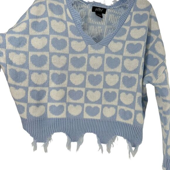 Checkerboard Sweater Blue Heart Oversized Fringe V Neck Crop Size M Just Polly - Picture 5 of 6